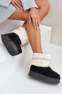 Śniegowce Damskie Na Platformie Z Futerkiem I Wzorem Czarne Deepanti