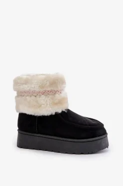 Śniegowce Damskie Na Platformie Z Futerkiem I Wzorem Czarne Deepanti