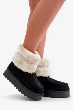 Śniegowce Damskie Na Platformie Z Futerkiem I Wzorem Czarne Deepanti