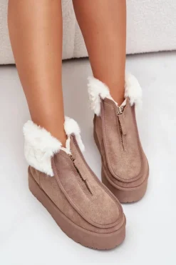 Śniegowce Damskie Na Platformie Z Futerkiem I Suwakiem Ciemnobeżowe Filiala