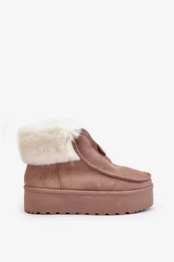 Śniegowce Damskie Na Platformie Z Futerkiem I Suwakiem Ciemnobeżowe Filiala