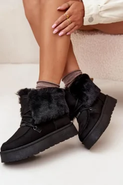 Śniegowce Damskie Na Platformie Z Futerkiem I Wiązaniem Big Star SS274113 Czarne