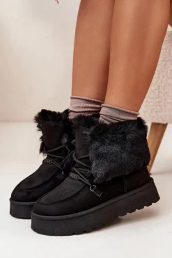 Śniegowce Damskie Na Platformie Z Futerkiem I Wiązaniem Big Star SS274113 Czarne