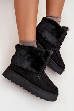 Śniegowce Damskie Na Platformie Z Futerkiem I Wiązaniem Big Star SS274113 Czarne