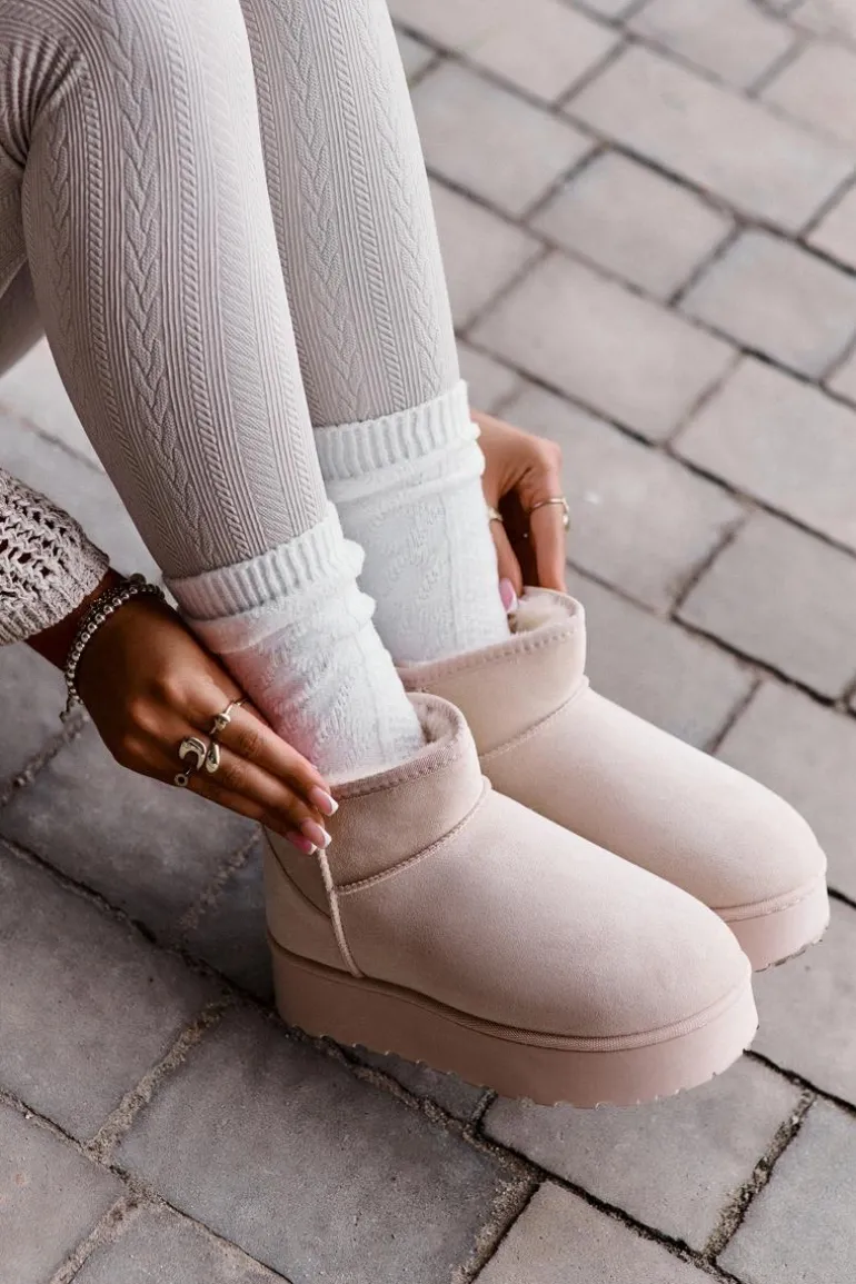 Śniegowce Damskie Na Platformie Ocieplane Futerkiem Jasnobeżowe Xamella