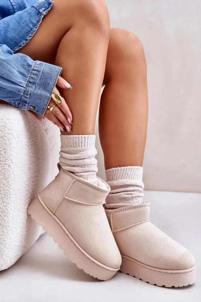 Śniegowce Damskie Na Platformie Ocieplane Futerkiem Jasnobeżowe Xamella