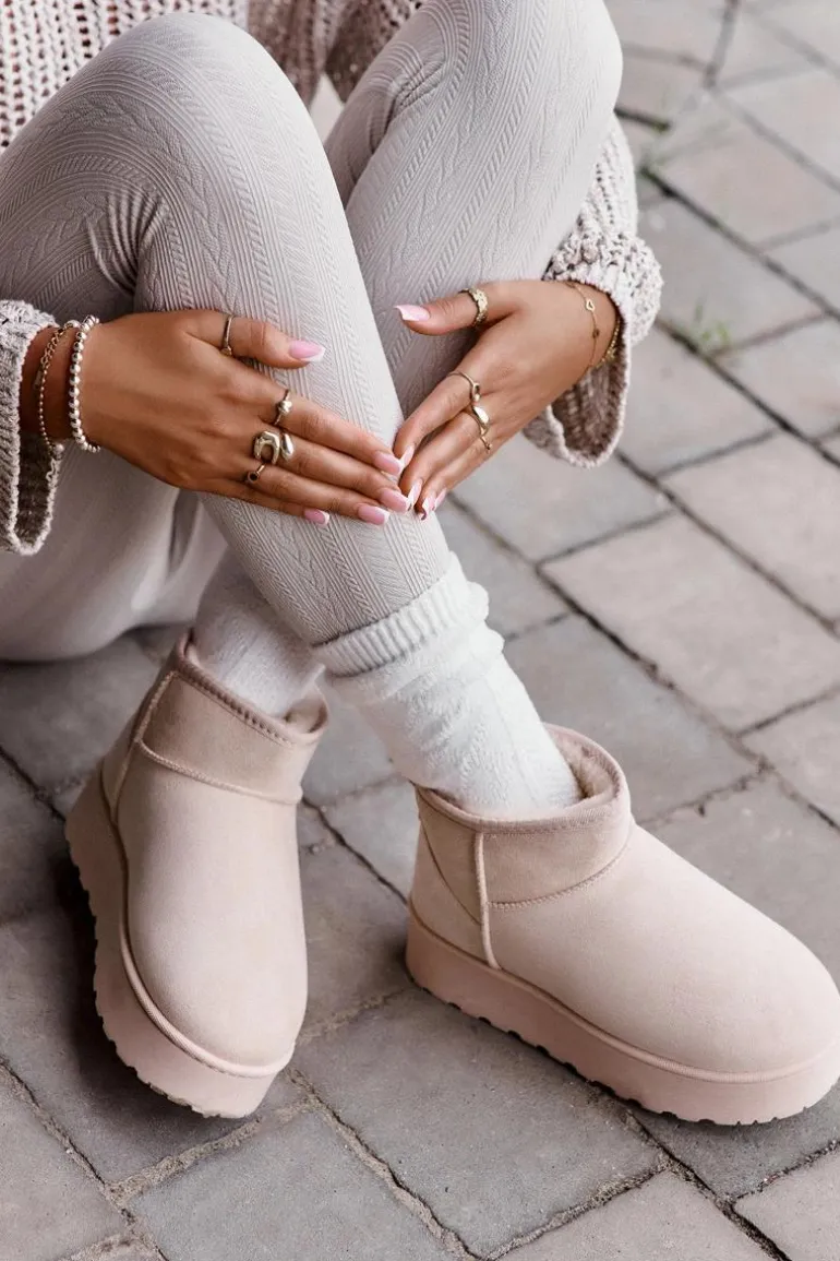 Śniegowce Damskie Na Platformie Ocieplane Futerkiem Jasnobeżowe Xamella