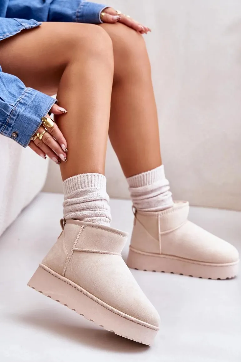 Śniegowce Damskie Na Platformie Ocieplane Futerkiem Jasnobeżowe Xamella