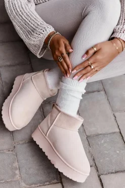 Śniegowce Damskie Na Platformie Ocieplane Futerkiem Jasnobeżowe Xamella