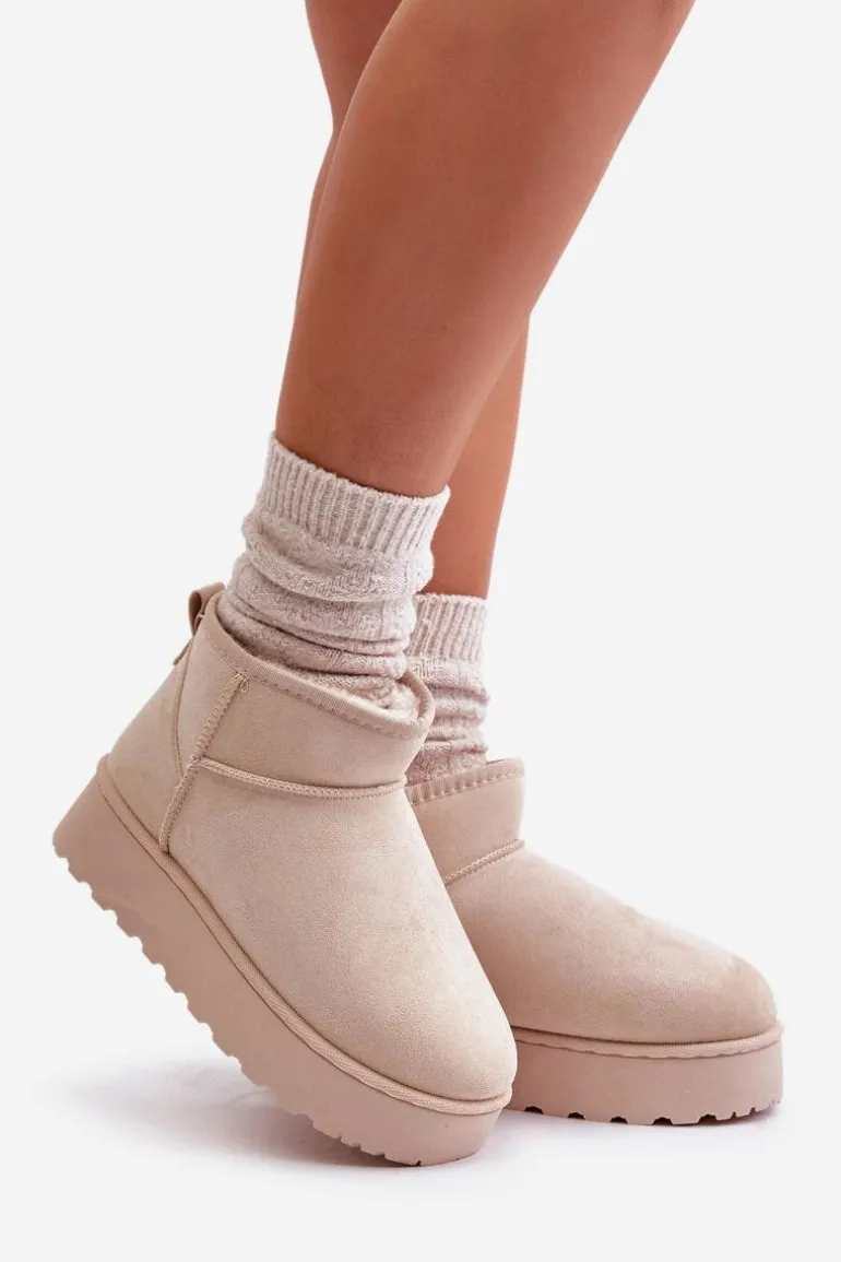 Śniegowce Damskie Na Platformie Ocieplane Futerkiem Jasnobeżowe Xamella