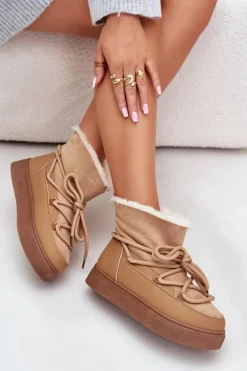 Śniegowce Damskie Na Platformie Ocieplane Futerkiem Camel Aziara