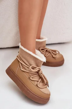 Śniegowce Damskie Na Platformie Ocieplane Futerkiem Camel Aziara