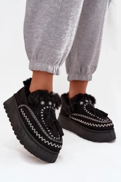 Śniegowce Damskie Na Platformie Z Futerkiem I Frędzlami Czarne Ferayne