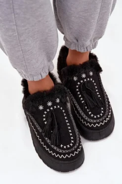 Śniegowce Damskie Na Platformie Z Futerkiem I Frędzlami Czarne Ferayne