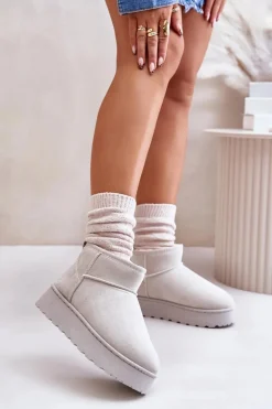 Śniegowce Damskie Na Platformie Ocieplane Futerkiem Jasnoszare Xamella