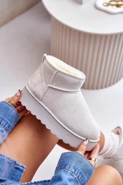 Śniegowce Damskie Na Platformie Ocieplane Futerkiem Jasnoszare Xamella