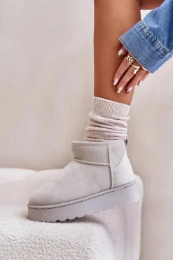 Śniegowce Damskie Na Platformie Ocieplane Futerkiem Jasnoszare Xamella