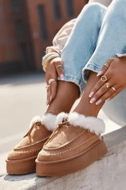 Śniegowce Damskie Na Platformie Z Futerkiem I Przeszyciami Camel Kellina