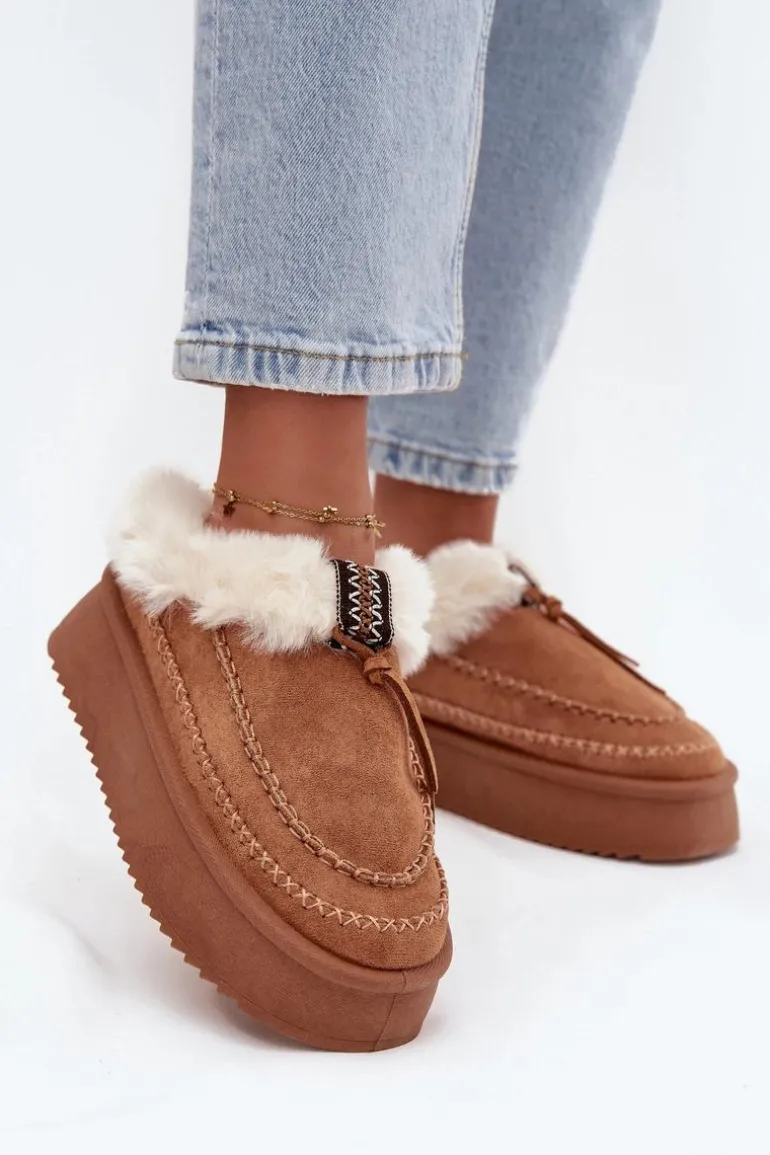 Śniegowce Damskie Na Platformie Z Futerkiem I Przeszyciami Camel Kellina