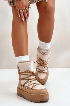 Śniegowce Damskie Na Platformie Z Wiązaniem Jasnobrązowe Riaviana