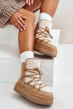 Śniegowce Damskie Na Platformie Z Wiązaniem Jasnobrązowe Riaviana