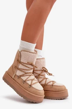 Śniegowce Damskie Na Platformie Z Wiązaniem Jasnobrązowe Riaviana