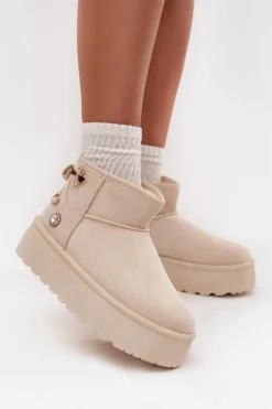 Śniegowce Damskie Na Platformie Z Przypinkami Jasnobeżowe Maelle
