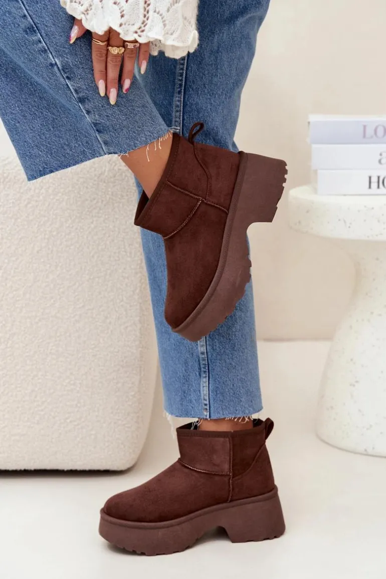 Śniegowce Damskie Niskie Wsuwane Ocieplane Futerkiem Brązowe Mavelle