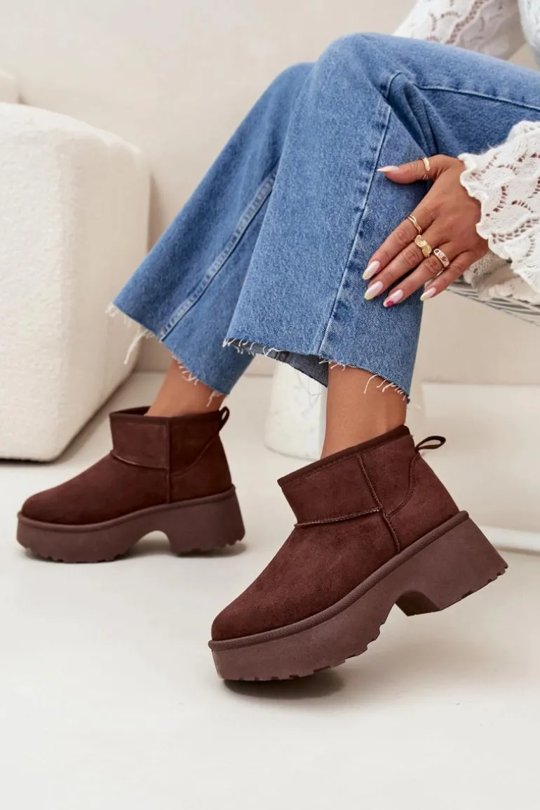 Śniegowce Damskie Niskie Wsuwane Ocieplane Futerkiem Brązowe Mavelle