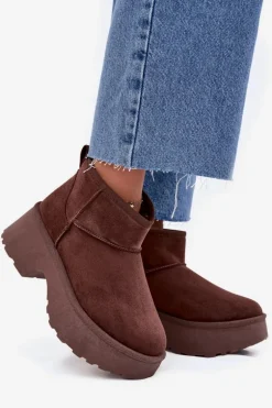 Śniegowce Damskie Niskie Wsuwane Ocieplane Futerkiem Brązowe Mavelle