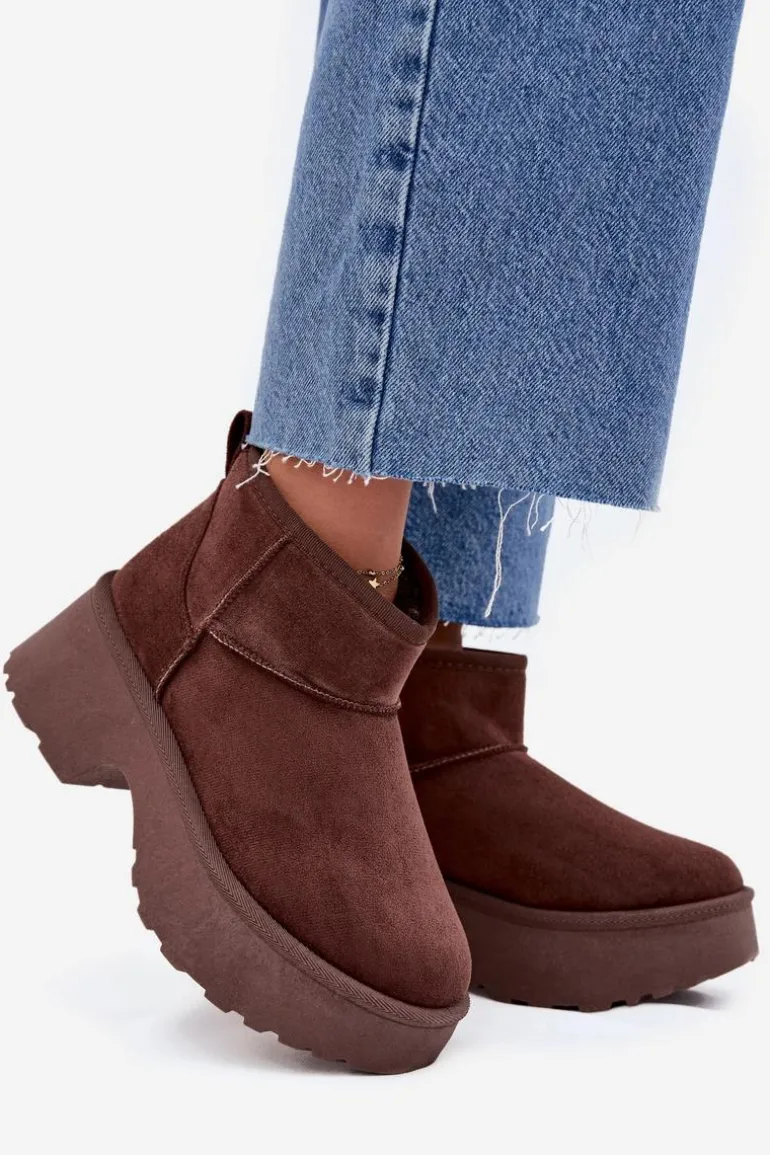 Śniegowce Damskie Niskie Wsuwane Ocieplane Futerkiem Brązowe Mavelle