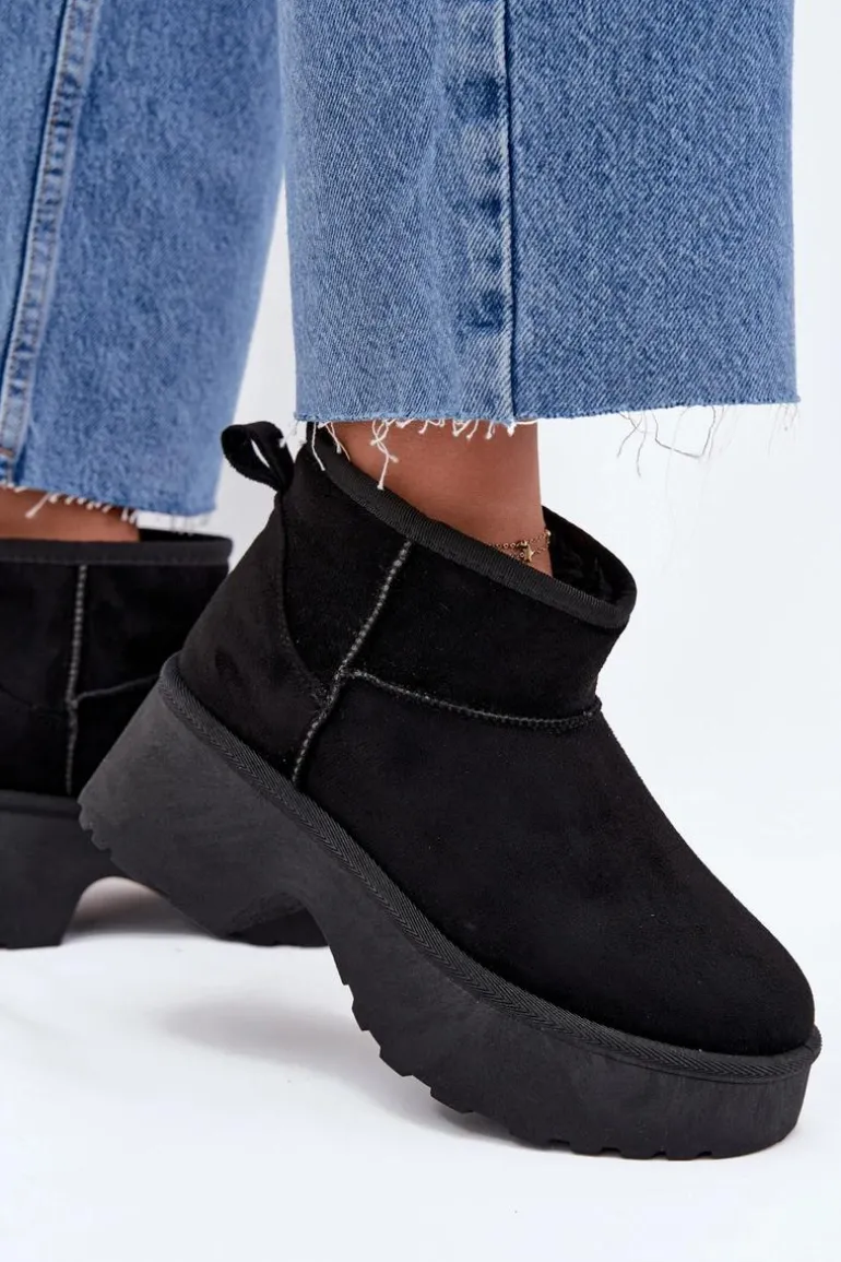 Śniegowce Damskie Niskie Wsuwane Ocieplane Futerkiem Czarne Mavelle