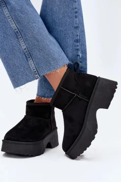 Śniegowce Damskie Niskie Wsuwane Ocieplane Futerkiem Czarne Mavelle