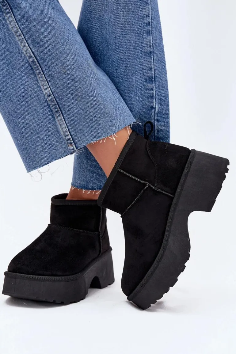 Śniegowce Damskie Niskie Wsuwane Ocieplane Futerkiem Czarne Mavelle