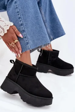 Śniegowce Damskie Niskie Wsuwane Ocieplane Futerkiem Czarne Mavelle