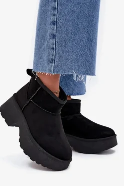 Śniegowce Damskie Niskie Wsuwane Ocieplane Futerkiem Czarne Mavelle