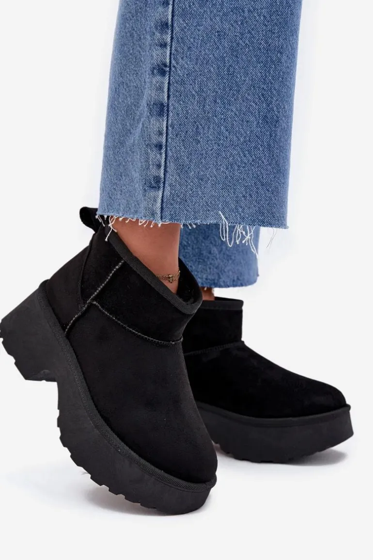 Śniegowce Damskie Niskie Wsuwane Ocieplane Futerkiem Czarne Mavelle