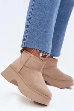 Śniegowce Damskie Niskie Wsuwane Ocieplane Futerkiem Khaki Mavelle