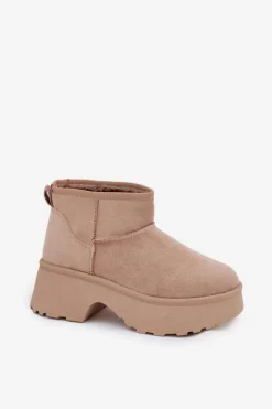 Śniegowce Damskie Niskie Wsuwane Ocieplane Futerkiem Khaki Mavelle