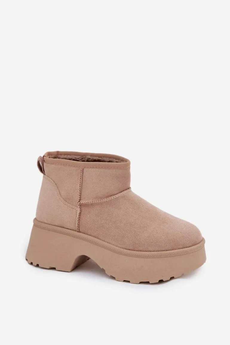 Śniegowce Damskie Niskie Wsuwane Ocieplane Futerkiem Khaki Mavelle