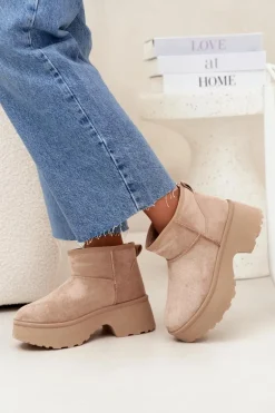 Śniegowce Damskie Niskie Wsuwane Ocieplane Futerkiem Khaki Mavelle