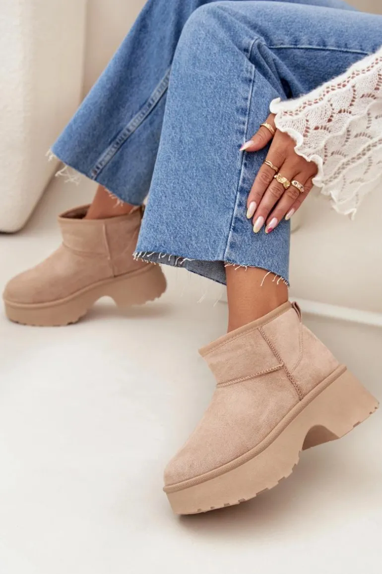 Śniegowce Damskie Niskie Wsuwane Ocieplane Futerkiem Khaki Mavelle