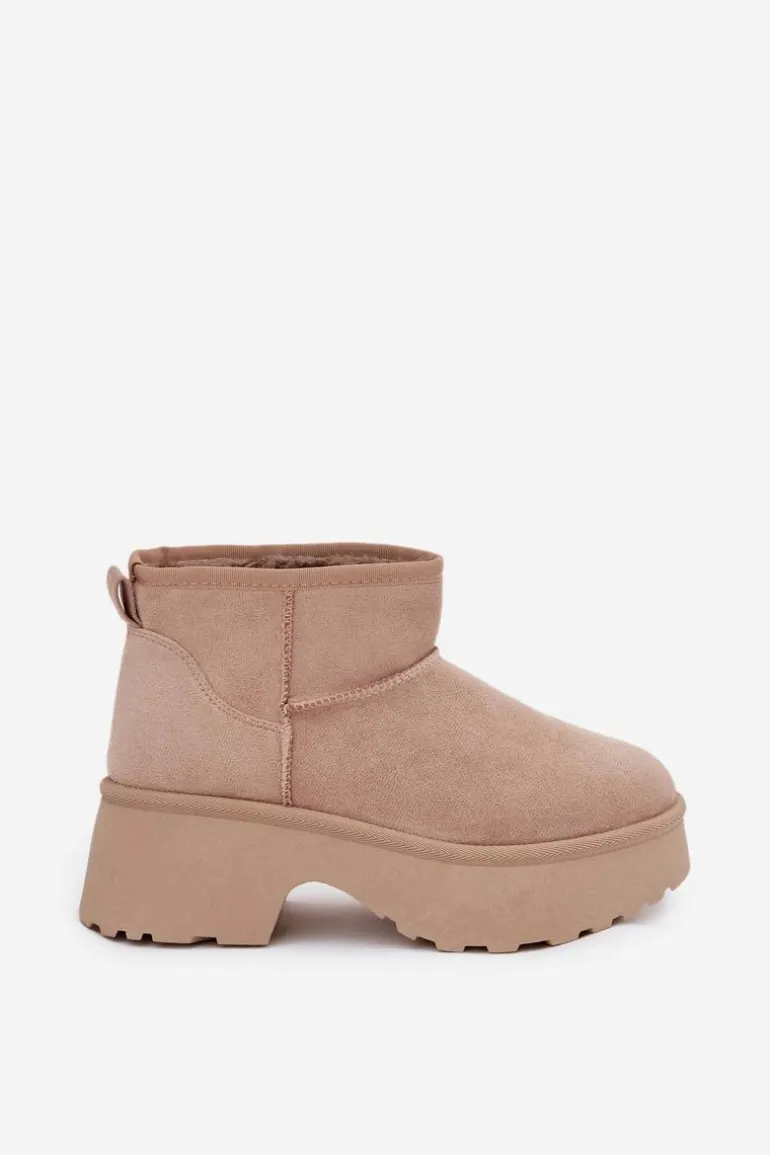 Śniegowce Damskie Niskie Wsuwane Ocieplane Futerkiem Khaki Mavelle