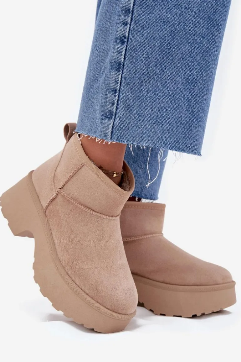 Śniegowce Damskie Niskie Wsuwane Ocieplane Futerkiem Khaki Mavelle