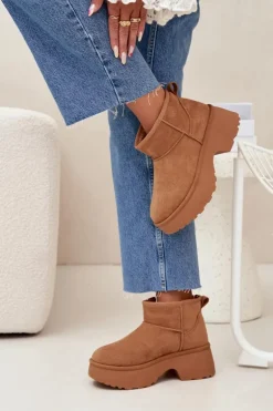 Śniegowce Damskie Niskie Wsuwane Ocieplane Futerkiem Camel Mavelle