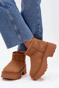 Śniegowce Damskie Niskie Wsuwane Ocieplane Futerkiem Camel Mavelle