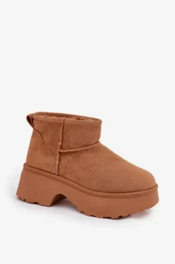 Śniegowce Damskie Niskie Wsuwane Ocieplane Futerkiem Camel Mavelle