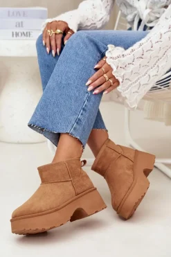 Śniegowce Damskie Niskie Wsuwane Ocieplane Futerkiem Camel Mavelle