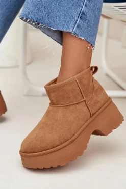 Śniegowce Damskie Niskie Wsuwane Ocieplane Futerkiem Camel Mavelle