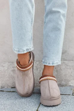 Śniegowce Damskie Niskie Z Ruchomym Paskiem I Haftem Na Platformie Ciemnobeżowe Lyrisse